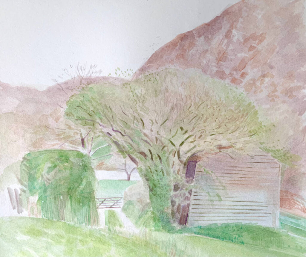 Painting Farmhouse and tree next to mountain range