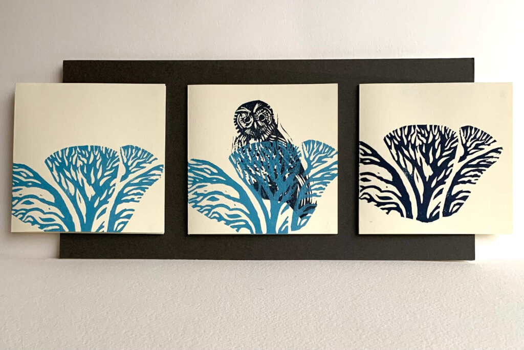 Tree details and owl on three cards